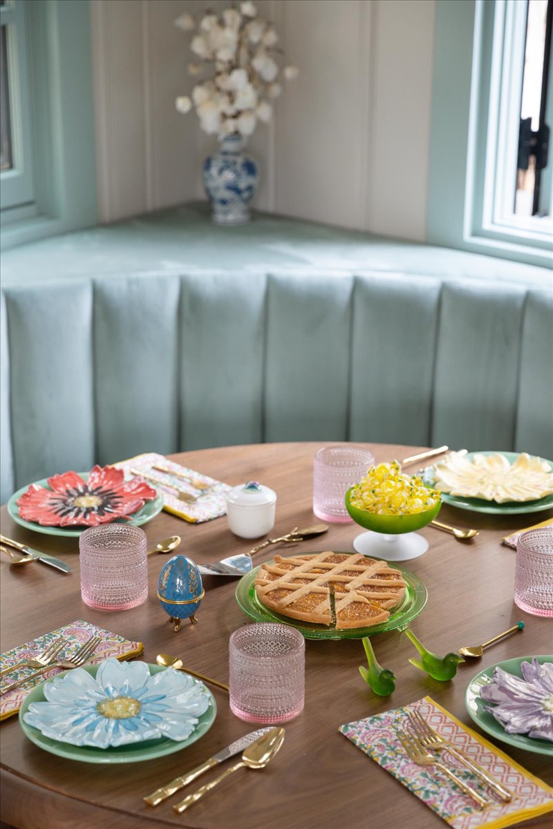 Banquette-side view of a table set for entertaining